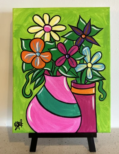 a presketched canvas for the C3 wine painting experience in Spanish Fort displaying a canvas with two vases of flowers which you can make as colorful as you like