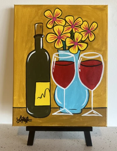 A pre-sketched canvas for a sip and wine experience. The canvas displays a bottle of wine, two glasses of red wine and a vase with flowers.