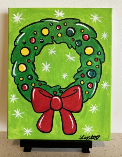 Presketched canvas with a christmas wreath for paint and sip in Spanish Fort