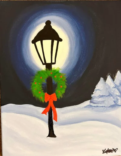 Presketched canvas with a streetlight and wreath for paint and sip in Spanish Fort