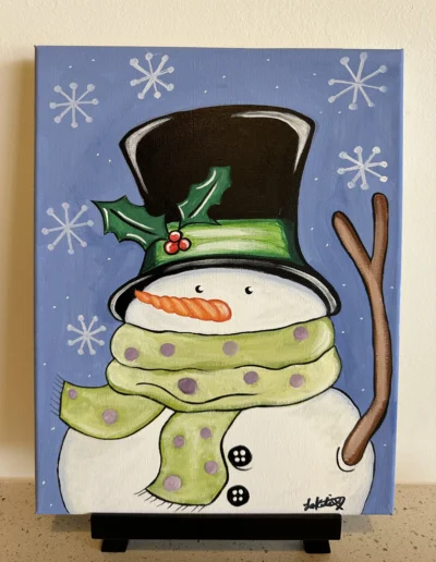 Presketched canvas with a snowman with scarf for paint and sip in Spanish Fort