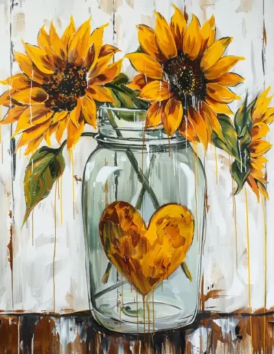 Sun flowers in heart Jar Canvas for Paint and Sip